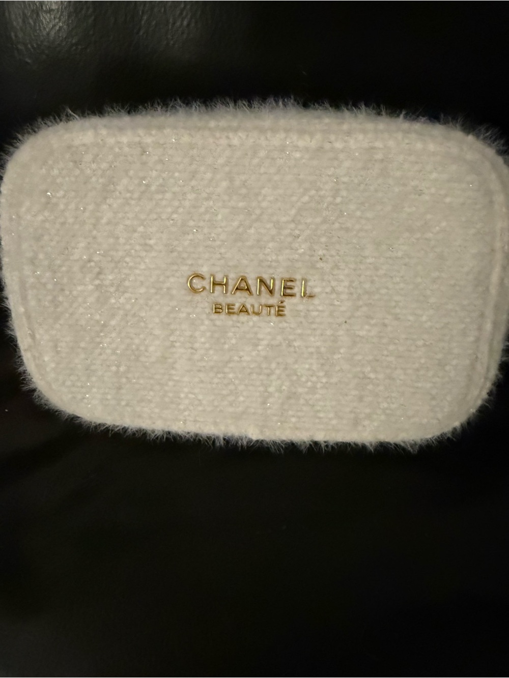 CHANEL White Tweed Beauty Pouch with Gold Logo